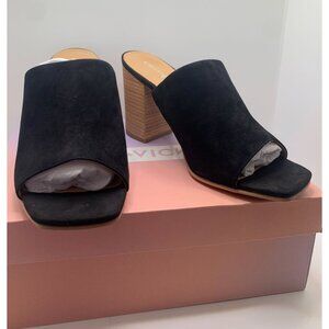 Lisa Vicky Black Suede Open Toe Block Heel Mules - Size 8 M